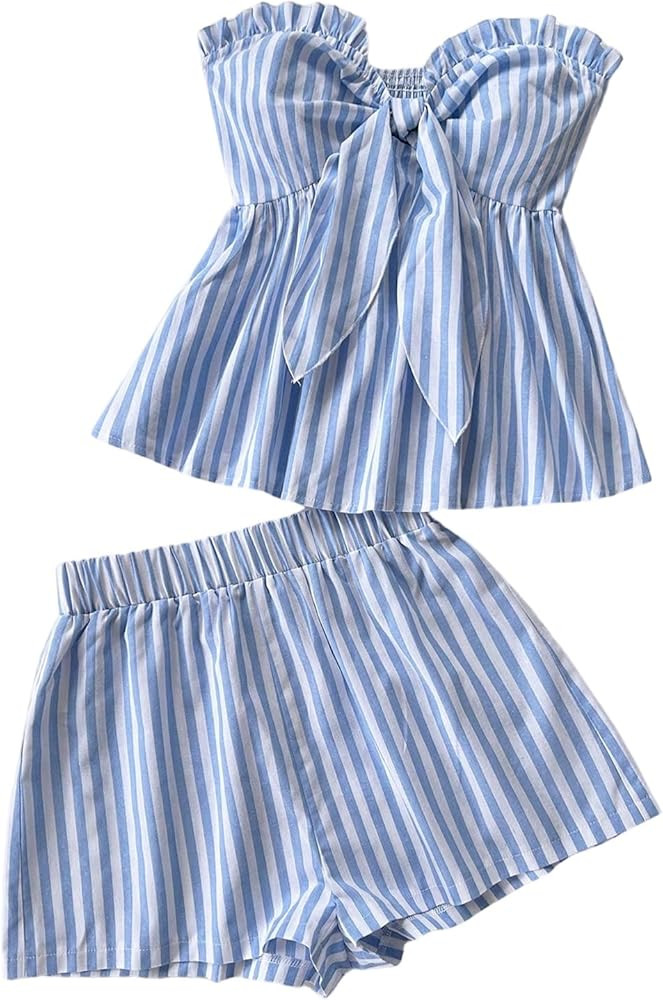 SOLY HUX Women's 2 Piece Outfits Striped Tie Knot Front Peplum Ruffle Tube Tops and Shorts Summer... | Amazon (US)