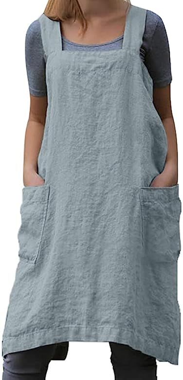 TBA Cotton Linen Apron Cross Back Apron for Women with Big Pockets Square Pinafore Dress for Baki... | Amazon (US)