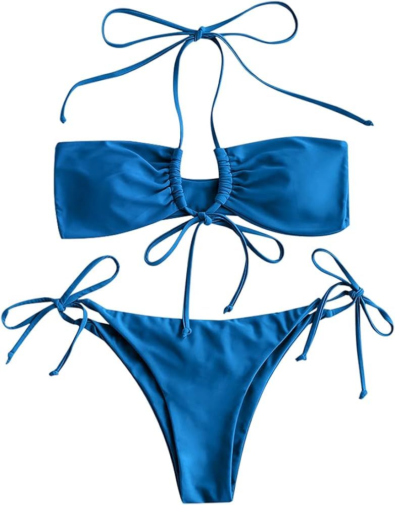 ZAFUL Women's Sexy Braided Cut Out Bikini Set Bandeau Adjustable Straps High Cut Two Piece Swimsuits | Amazon (US)