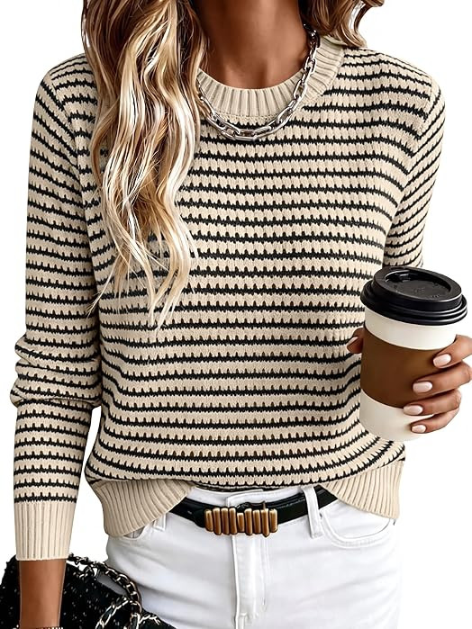 ANRABESS Womens Fall Long Sleeve Striped Crochet Sweaters Top | Amazon (US)