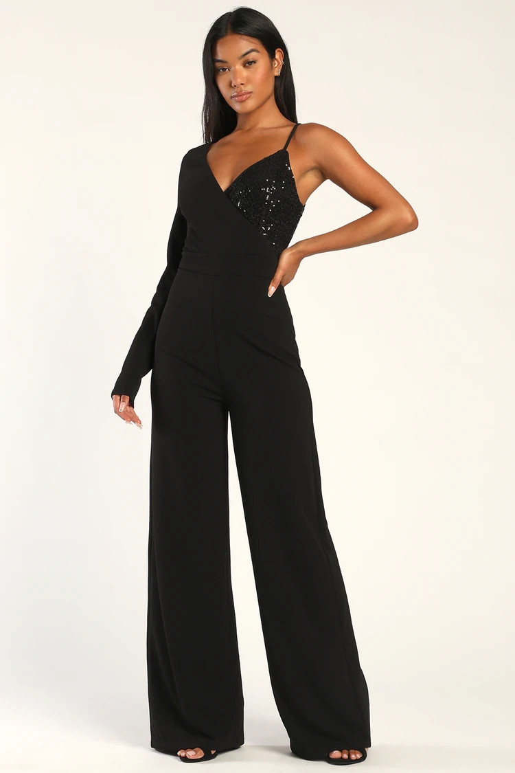 Dash of Glitter Black Sequin One-Shoulder Wide-Leg Jumpsuit | Lulus (US)