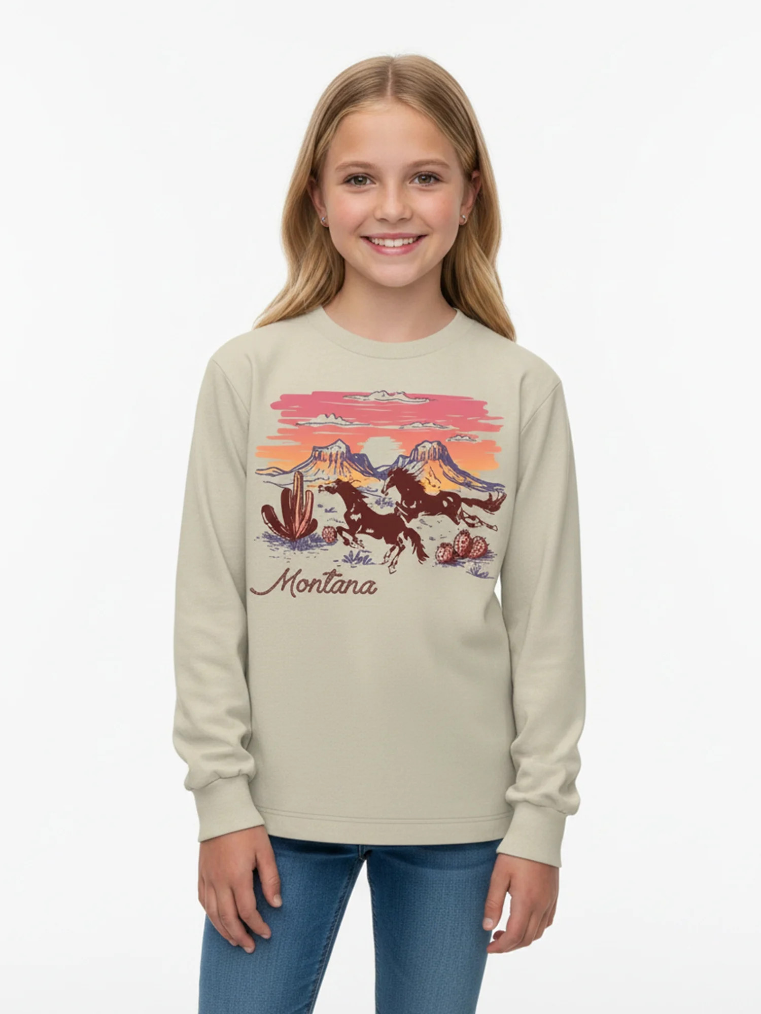 Wonder Nation Girls Graphic Sunset Horses Tee with Long Sleeves, Sizes 4\u201318 | Walmart (US)