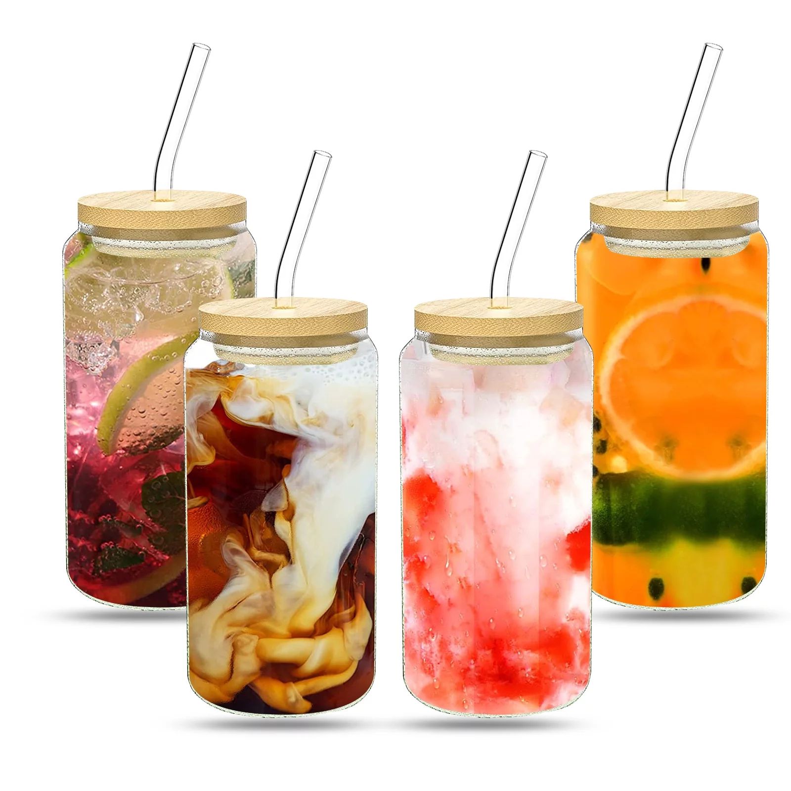 4 Pcs Drinking Glasses, 16oz Can Shaped Glass Cups with Bamboo Lids, Glass Straws and 1 Cleaning ... | Walmart (US)