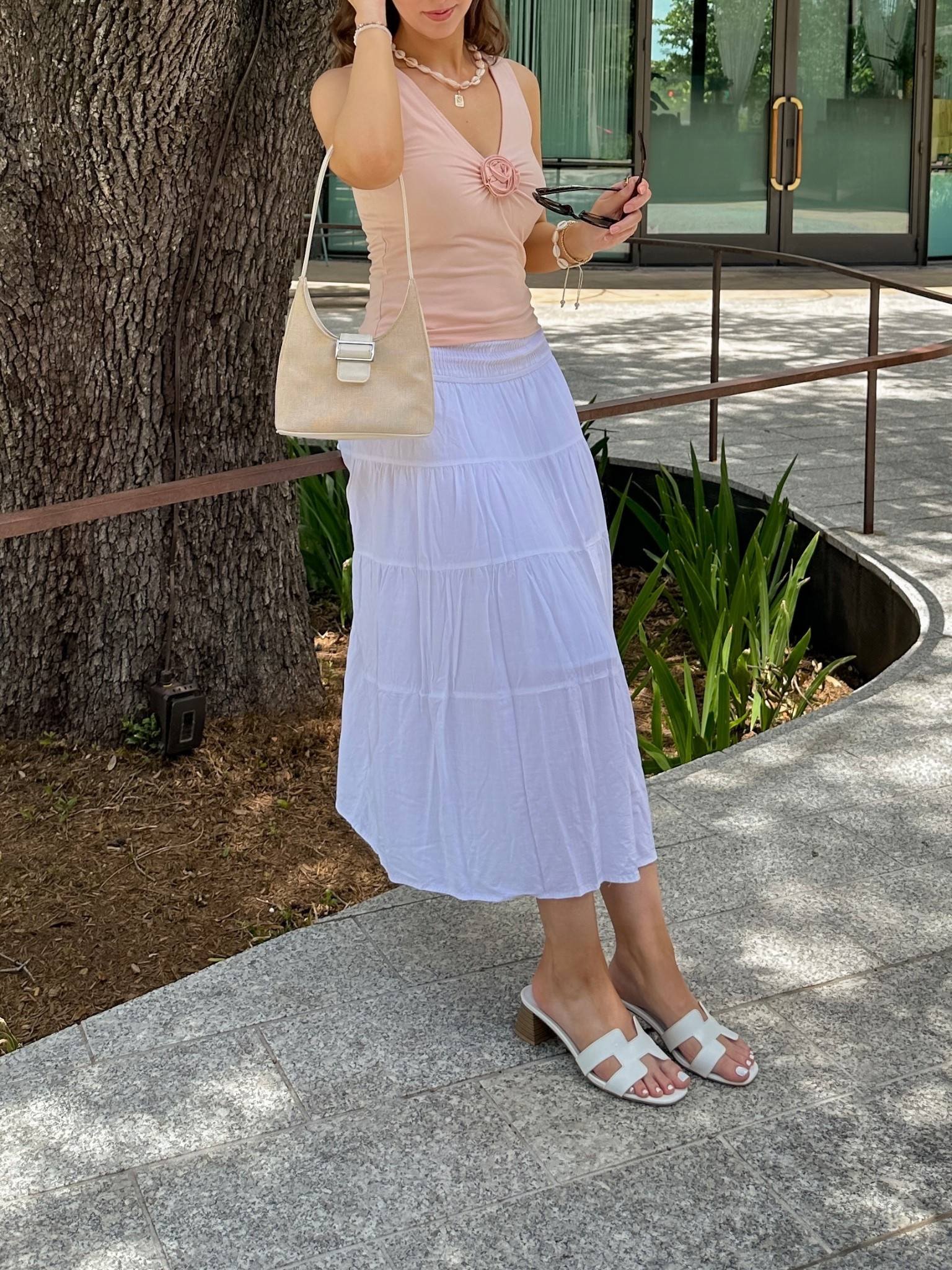 soft girl summer outfit idea 🌸☀️🐚

• top: aritzia (wearing size small) 
• skirt: amazon - not the best quality but good in a pinch. Added some similar ones that are better & currently on sale at Aritzia!
• sandals: justfab 
• buckle shoulder bag: old urban outfitters (added some Poshmark listings ~ use code MARYWOREWHAT when you sign up for cred towards your first order 🫶)

[pastel outfits, farmers market, garden party, feminine, 3d rosette floral detail, white linen maxi skirt, hermes sandals] 

#LTKStyleTip #LTKSummerEdit #LTKFindsUnder100