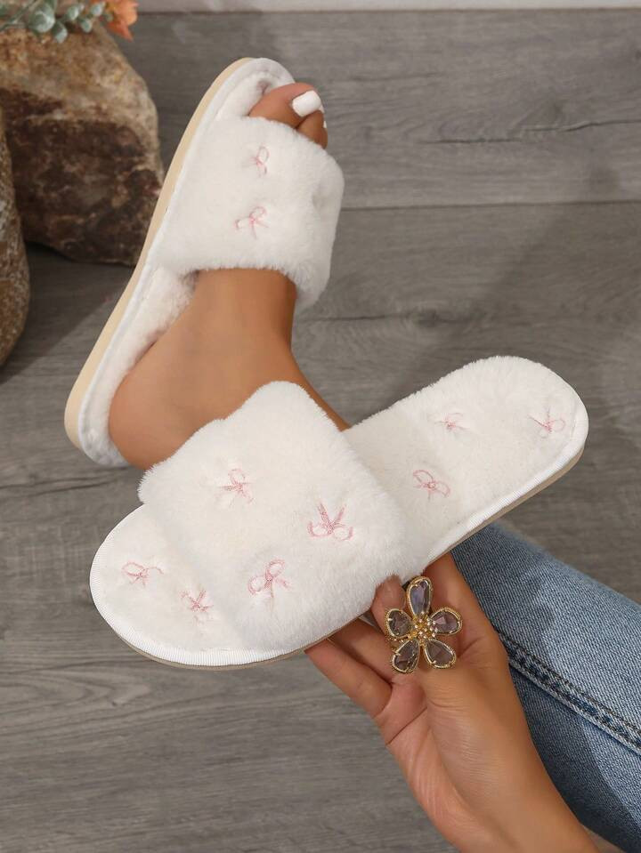 Women's Embroidered Bowknot Velvet Slippers, All Seasons Indoor Slippers, Flat Open Toe Slippers ... | SHEIN