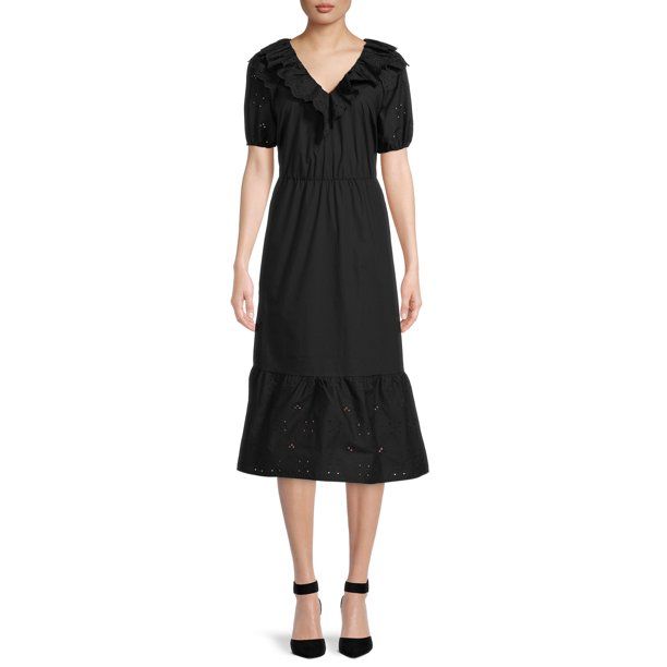 The Get Women's Eyelet Ruffle Midi Dress with Short Sleeves - Walmart.com | Walmart (US)