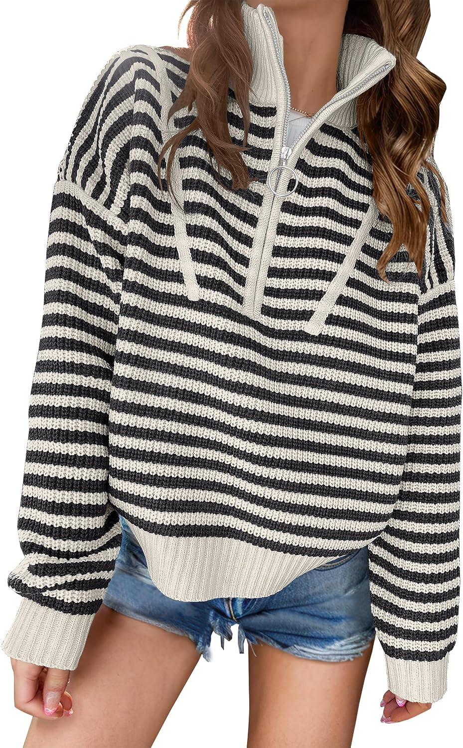 ANRABESS Womens Striped Quarter Zip Fall Sweater Tops | Amazon (US)