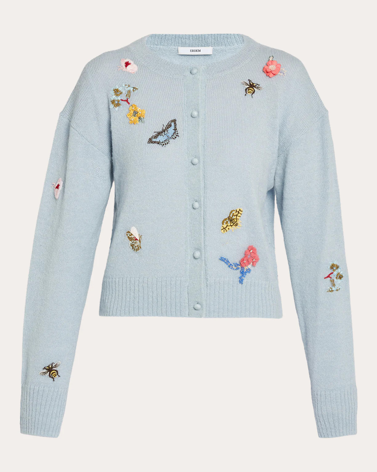 Embroidered Wool Crewneck Cardigan | Olivela