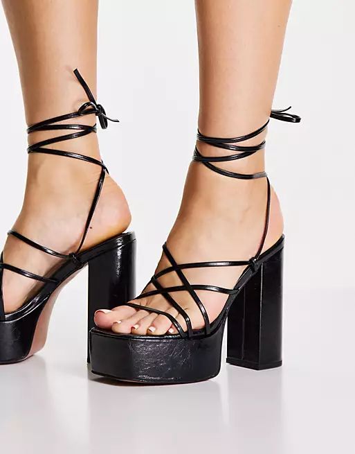 ASOS DESIGN Nanon strappy platform heeled sandals in black | ASOS (Global)