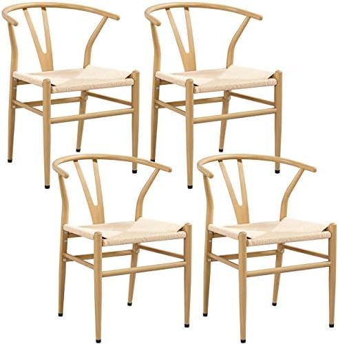 Yaheetech Set of 4 Weave Chair Mid-Century Metal Dining Chair Y-Shaped Backrest Hemp Seat, Wood Colo | Amazon (US)
