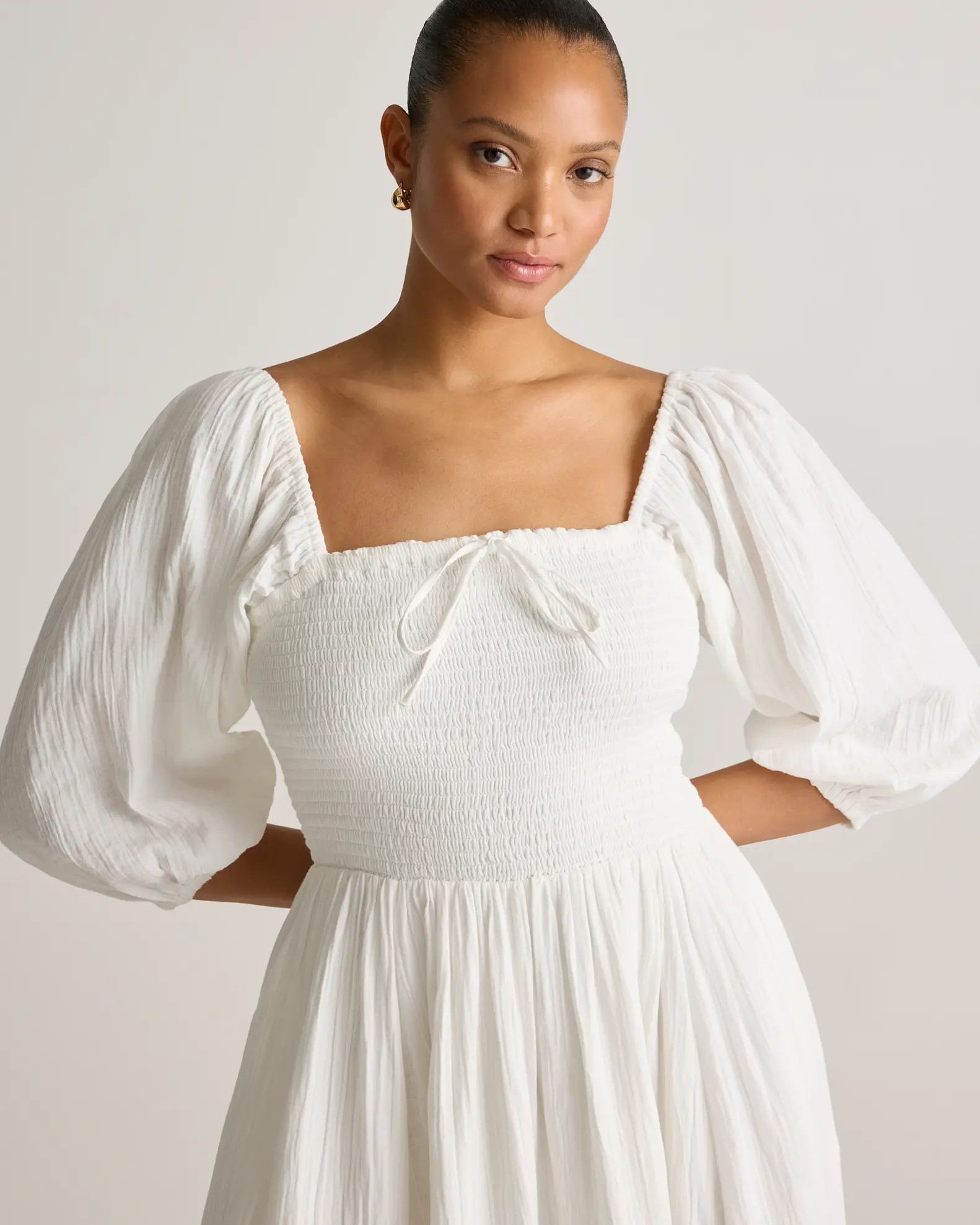 100% Organic Cotton Gauze Smocked Square Neck Midi Dress in White | Quince