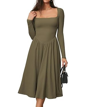 CHYRII Women Spring Fashion 2025 Square Neck Long Sleeve Casual A-Line Midi Dress | Amazon (US)