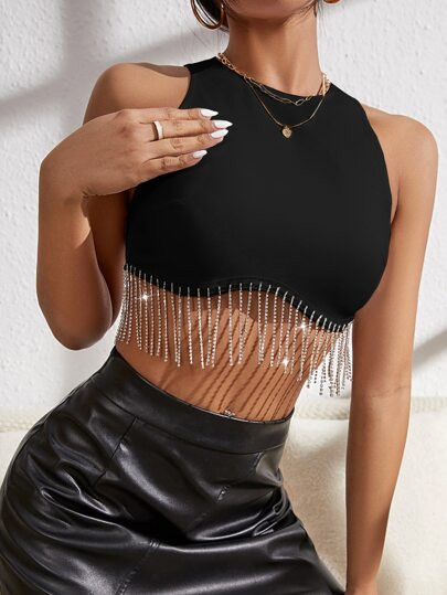 SHEIN BAE Rhinestone Fringe Zip Back Tank Top SKU: sw2202166094088000(1000+ Reviews)$10.99$13.00-... | SHEIN