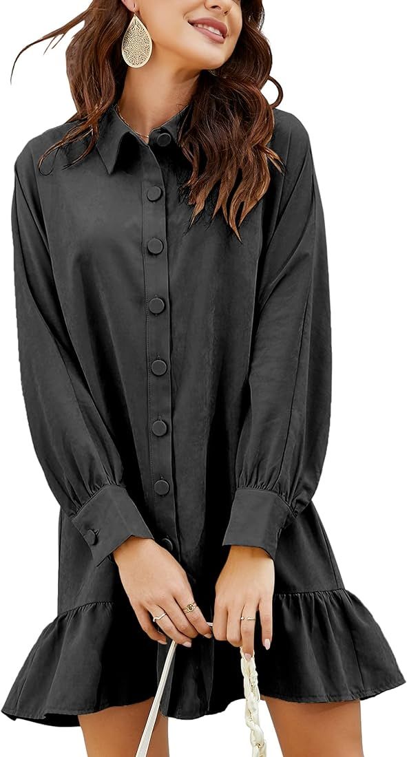 KOJOOIN Women's Babydoll Ruffle Hem Shirt Dress Button Up Long Sleeve Collared Mini Dress | Amazon (US)