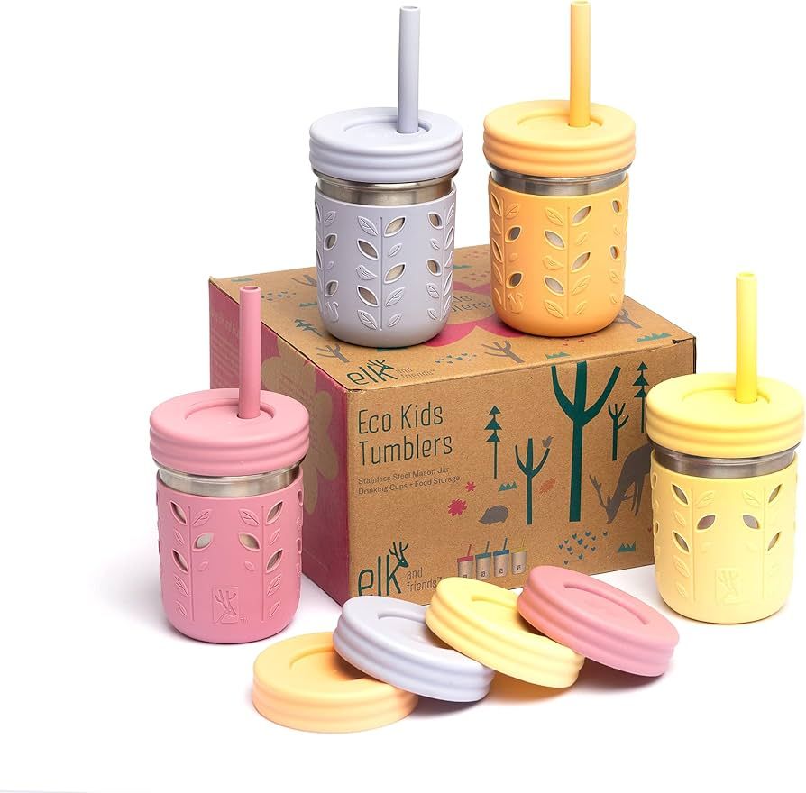 Elk and Friends Stainless Steel Cups | Mason Jar 10oz | Kids & Toddler Cups with Silicone Sleeves... | Amazon (US)