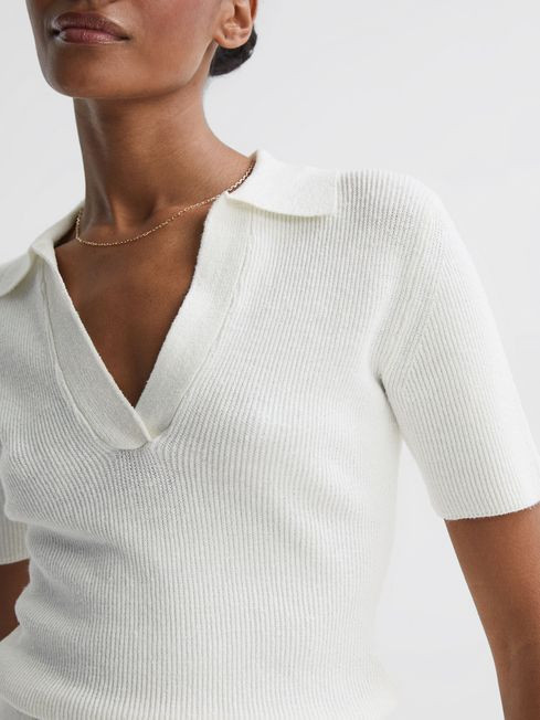 Reiss Ivory Devin V-Neck Collared Knit Top | Reiss UK
