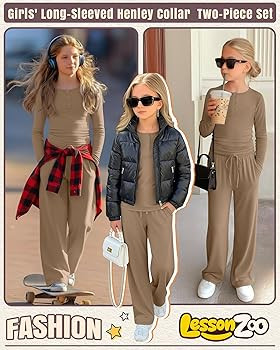 Girls 2 Piece Outfits Lounge Sets Long Sleeve Ruched Knit Henley Neck Fitted Tops Straight Leg Pa... | Amazon (US)
