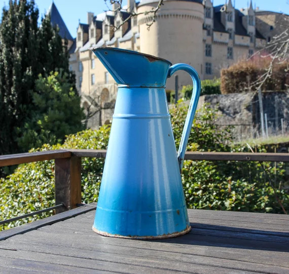 Vintage French large blue enamel pitcher / 1940s pale blue enamelware rustic vase | Etsy (CAD)
