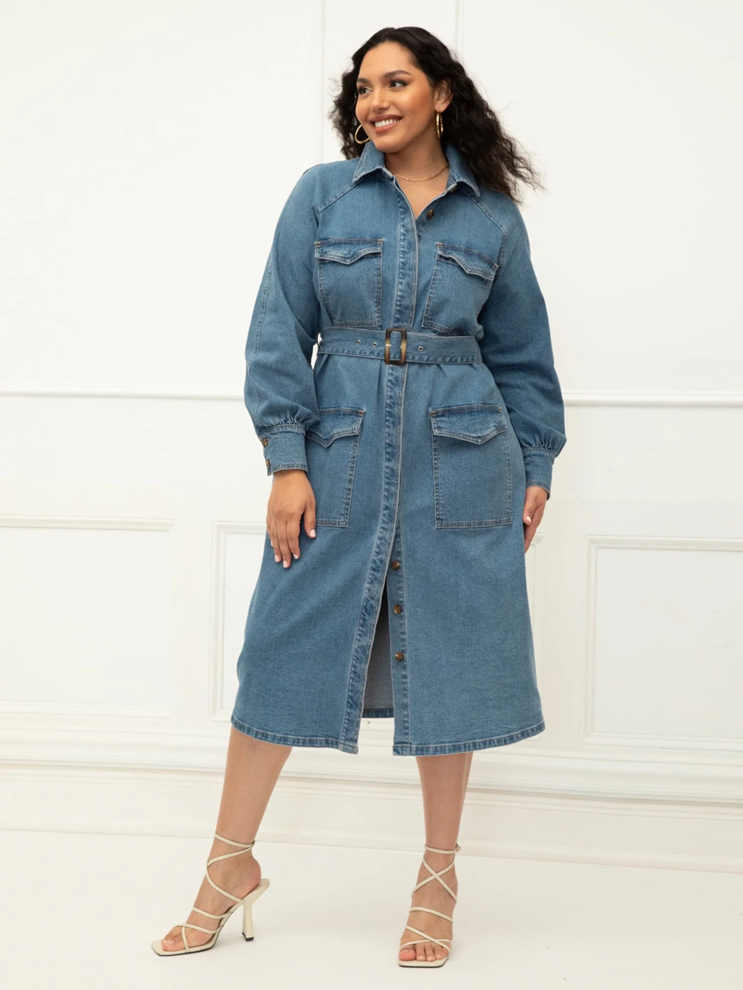 ELOQUII Elements Women's Plus Size Denim Utility Dress | Walmart (US)
