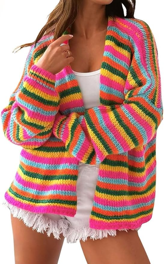 chouyatou Women's Fall Contrast Color Striped Cardigan Sweater Open Front Chunky Knit Cardigan Ja... | Amazon (US)