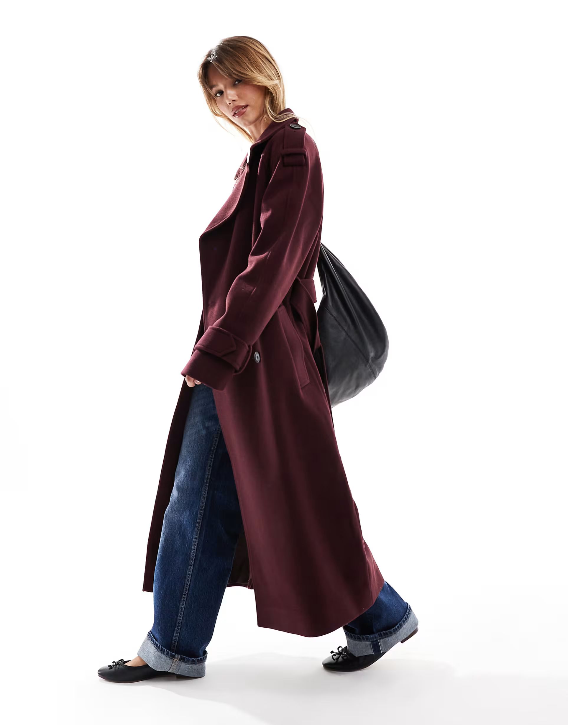 ASOS DESIGN formal faux wool trench coat in burgundy | ASOS (Global)