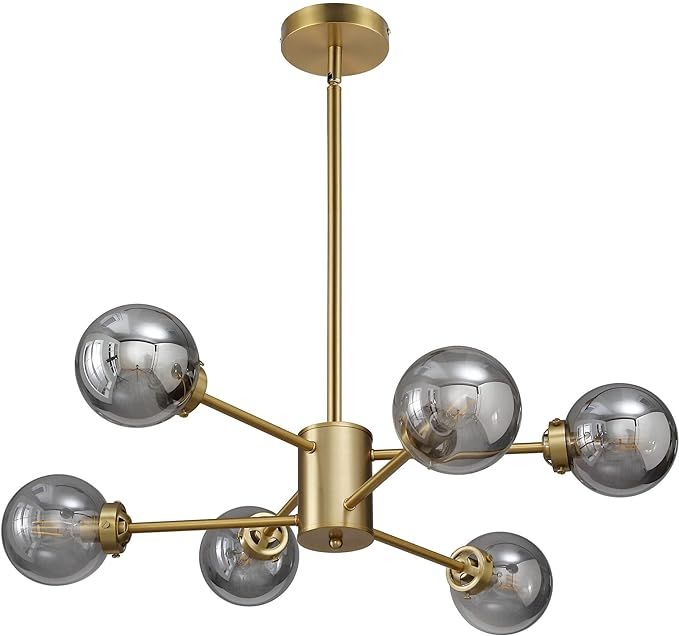 WINGBO 6-Light Modern Chandelier, Sputnik Pedant Light Fixture with Large Smoked Gray Glass Globe... | Amazon (US)