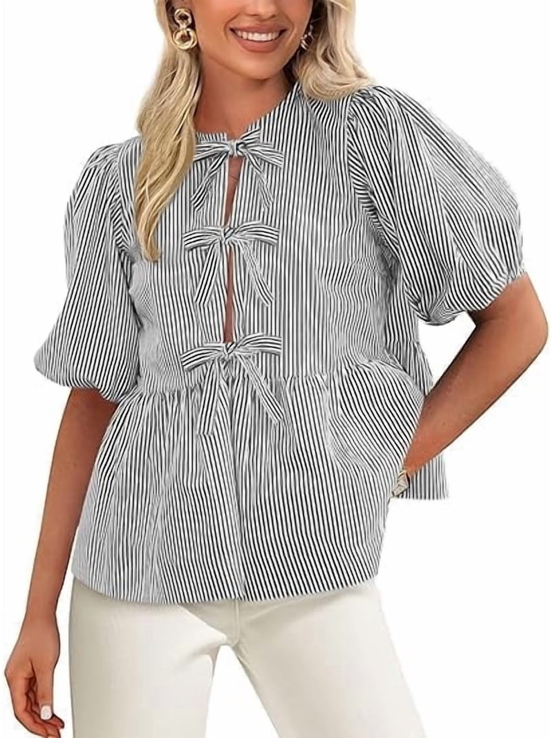 PRETTYGARDEN Women's Summer Tie Front Striped Shirt Trendy Cute Babydoll Tops Fashion Peplum Puff... | Walmart (US)
