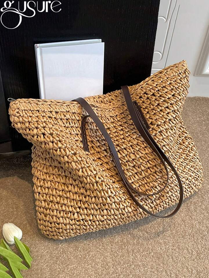 Gusure Bag Straw Woven Large Capacity Tote Bag Lightweight Shopping Zipper Shoulder Bag Exquisite... | SHEIN