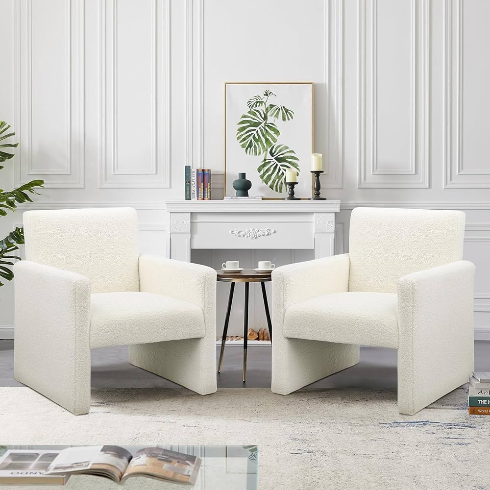 FUNKEEN Sherpa Accent Chair Set of 2 Fuzzy Boucle Chair Comfy Teddy Armchair Comfortable Reading ... | Amazon (US)