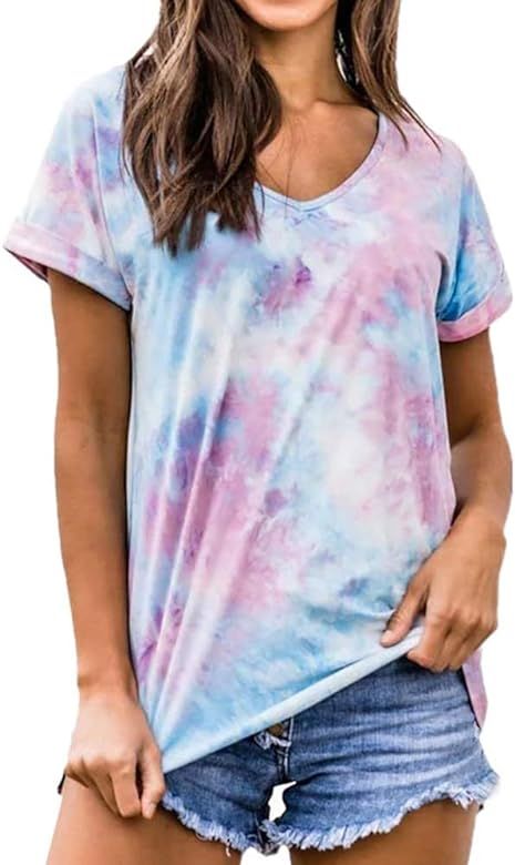 T Shirts for Women Tie Dye V Neck Short Sleeve T-Shirt Loungewear Tee Tops | Amazon (US)