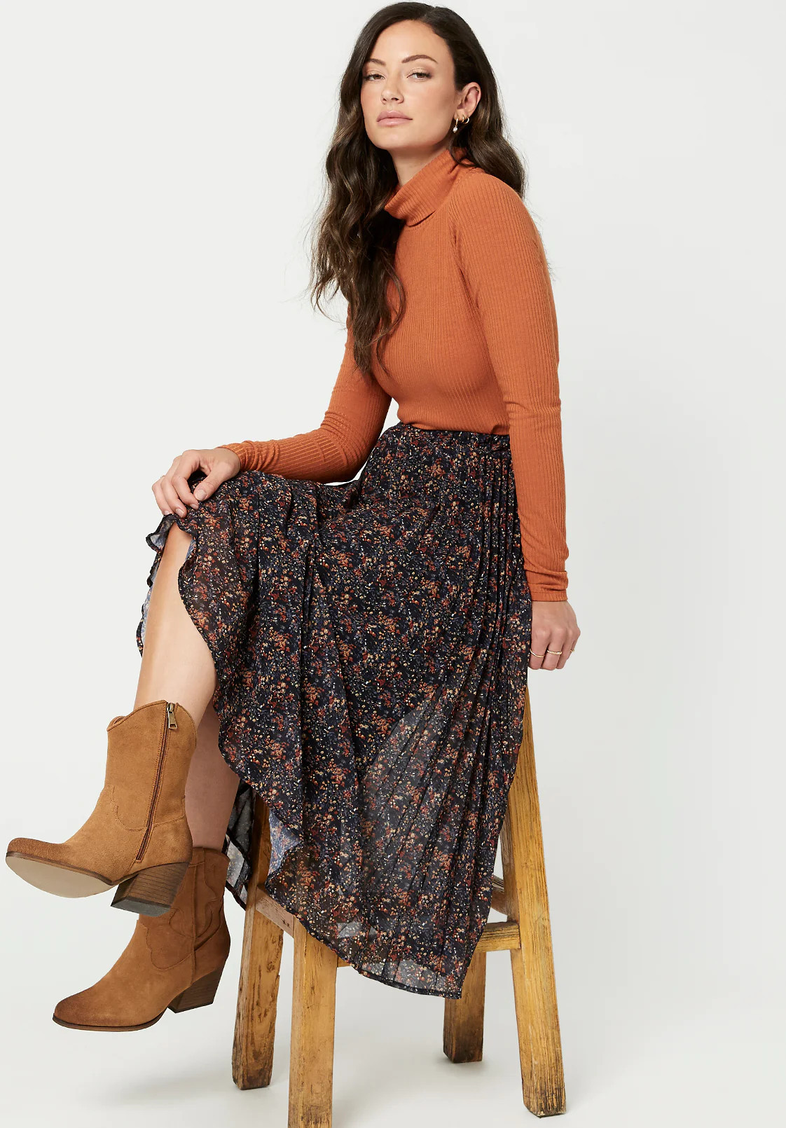 Pleated Tea Length Roux Skirt - WS0532F | Buffalo David Bitton