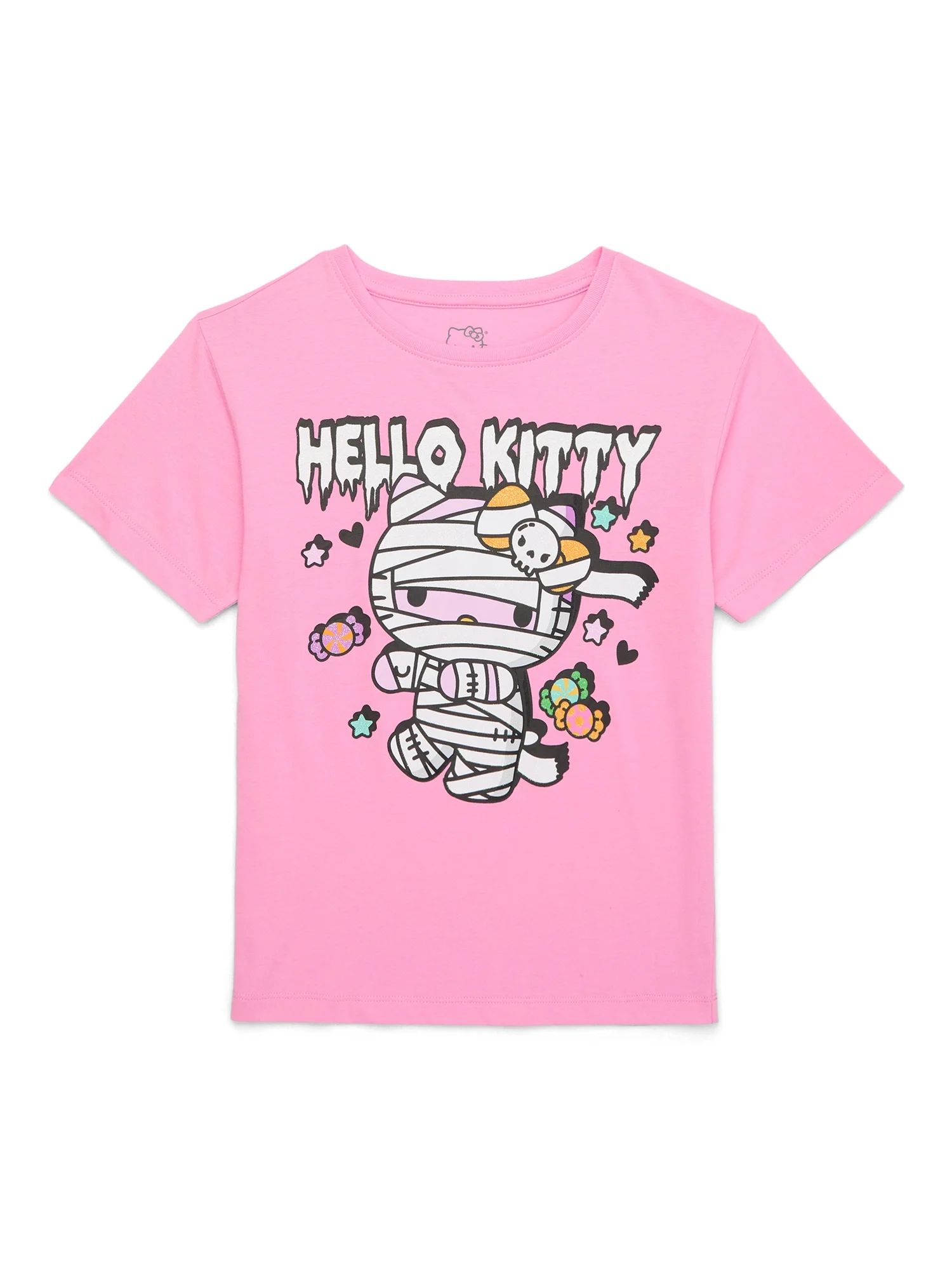 Hello Kitty Girls Halloween Short Sleeve Graphic T-Shirt with Glitter, Sizes 4-16 | Walmart (US)