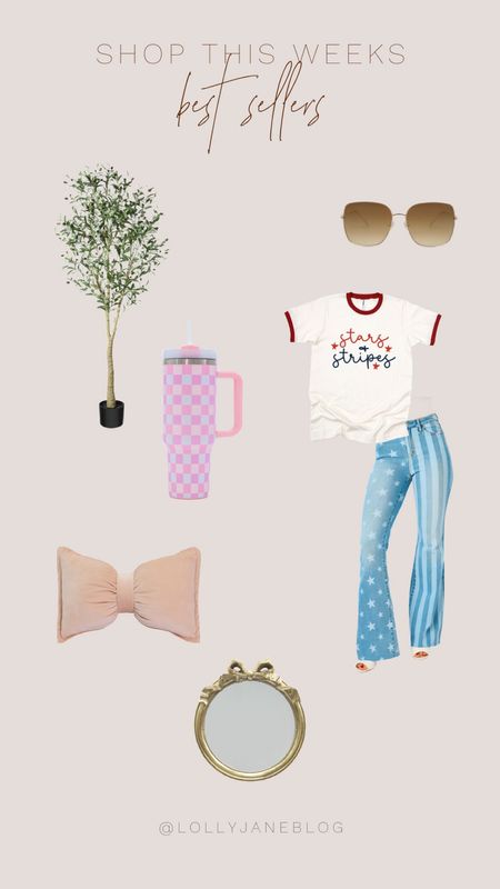 Shop this week’s best sellers! 🇺🇸🫶🏻

This week we have the infamous faux olive tree, which is such a perfect fake plant for any space. We adore this checkered pink Stanley look alike tumblr as well. For the 4th we have these festive pieces of clothing that scream USA! The star and stripe design on the jeans, paired with the cutest stars and strips on the shirt gives off the perfect vintage vibe. To complete the look there are these perfect sunglasses from Amazon! They’re on sale too! 🩷 


#LTKSaleAlert #LTKSummerSales #LTKxNSale