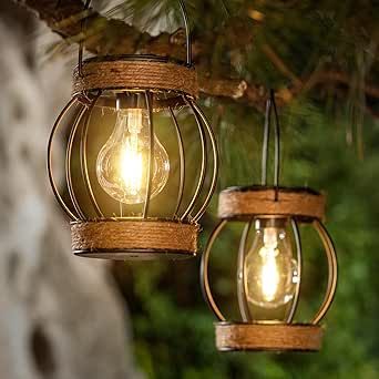 2 Pack Solar Outdoor Lanterns,Hanging Solar Lights,Hand-Woven Hemp Rope Metal Solar Lamp Tree Lan... | Amazon (US)