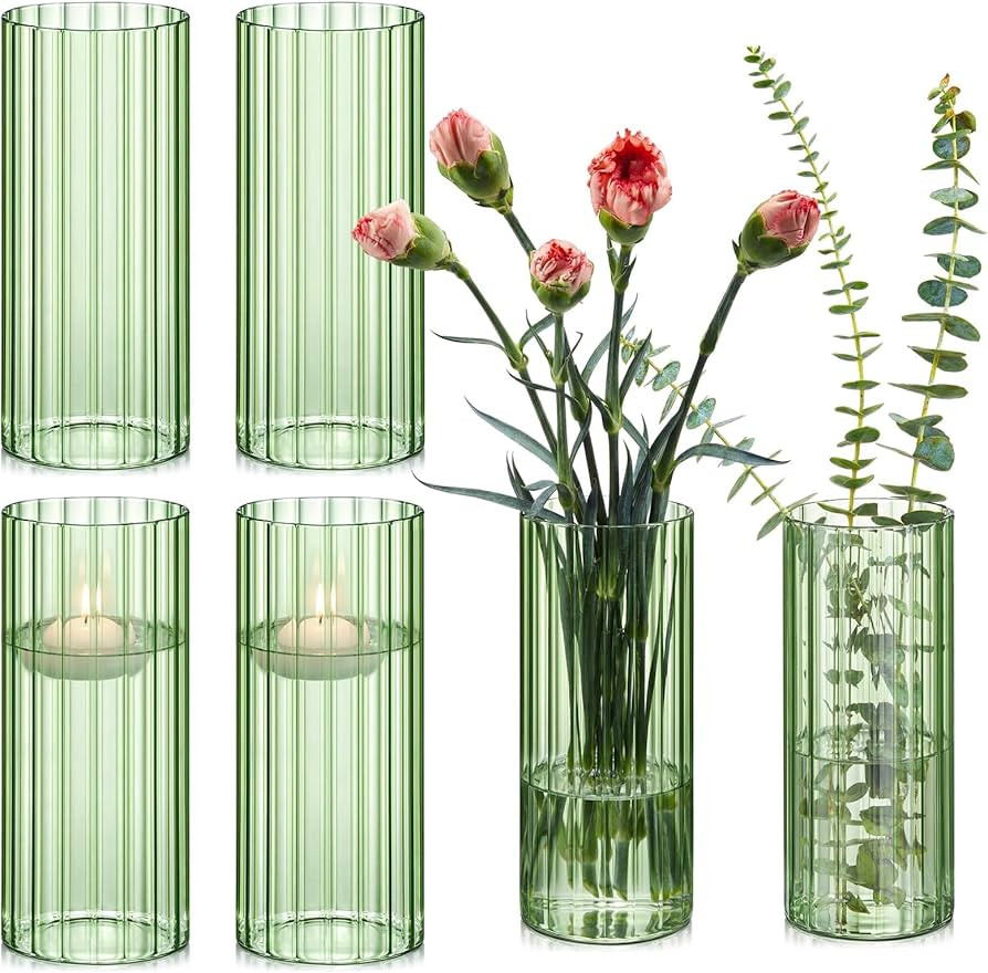 6 Pcs 8 Inch Tall Glass Ribbed Cylinder Vases Clear Floating Candle Flower Vase in Bulk, Hurrican... | Amazon (US)