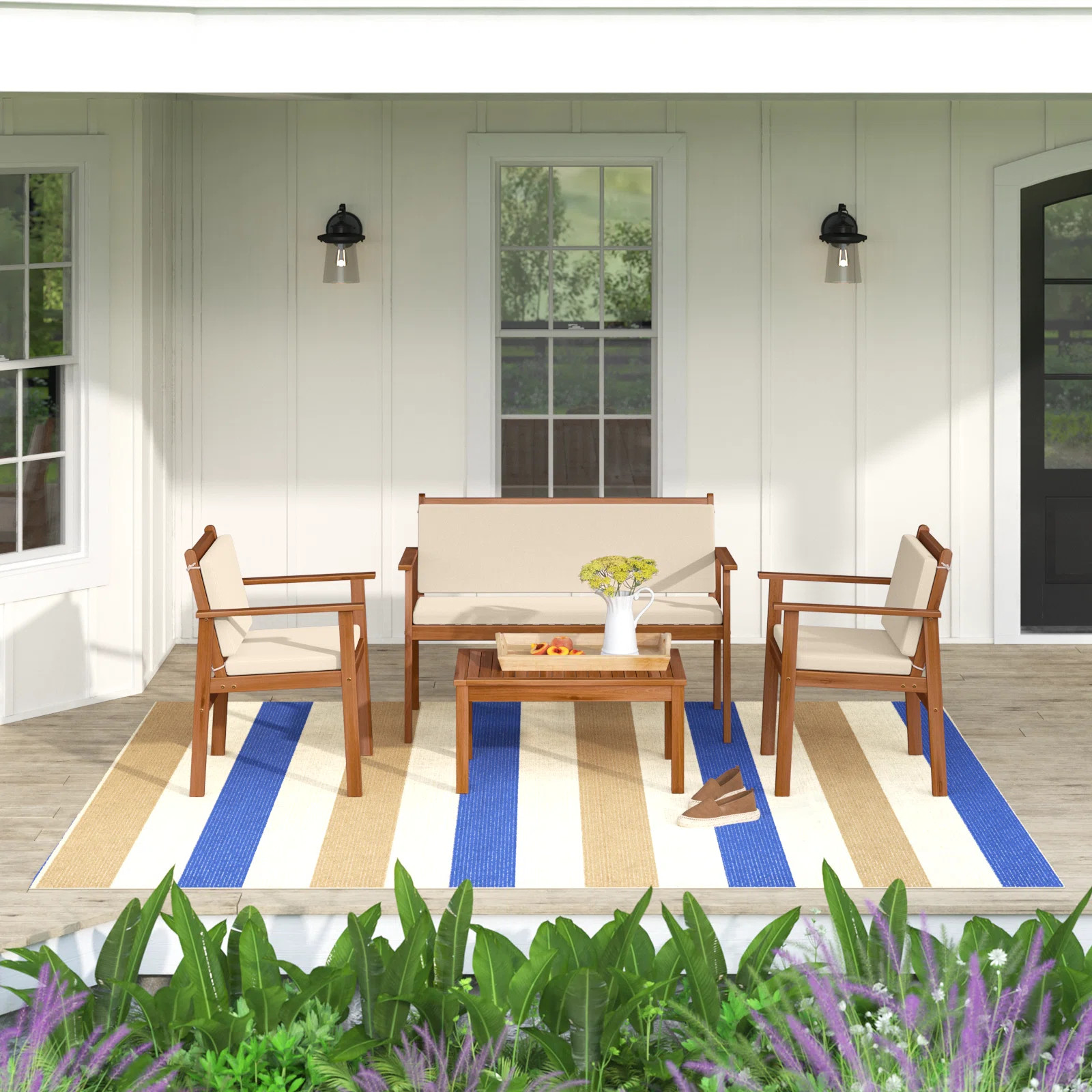 Beachcrest Home™ Kovach 4 Pieces Outdoor Acacia Wood Conversation Sets with Cushions,Patio Furn... | Wayfair North America
