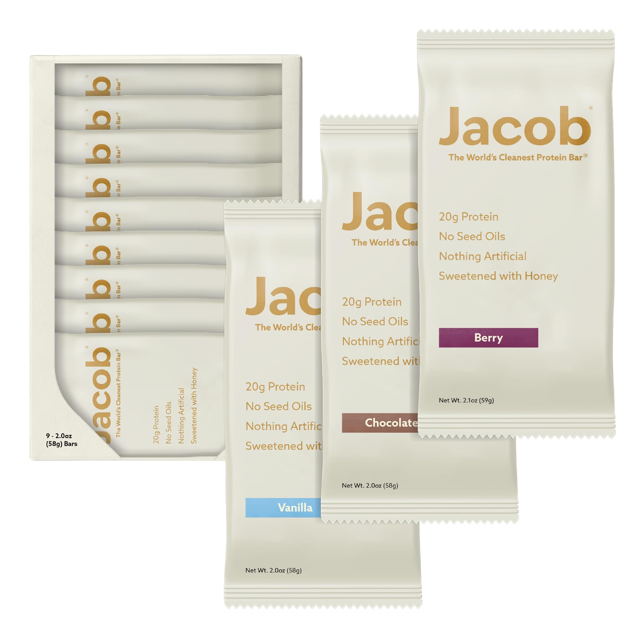 Jacob Bar, Protein Bars, Variety Pack (9 Bars Total) Contains 3 of Each; Chocolate, Vanilla, Berr... | Amazon (US)
