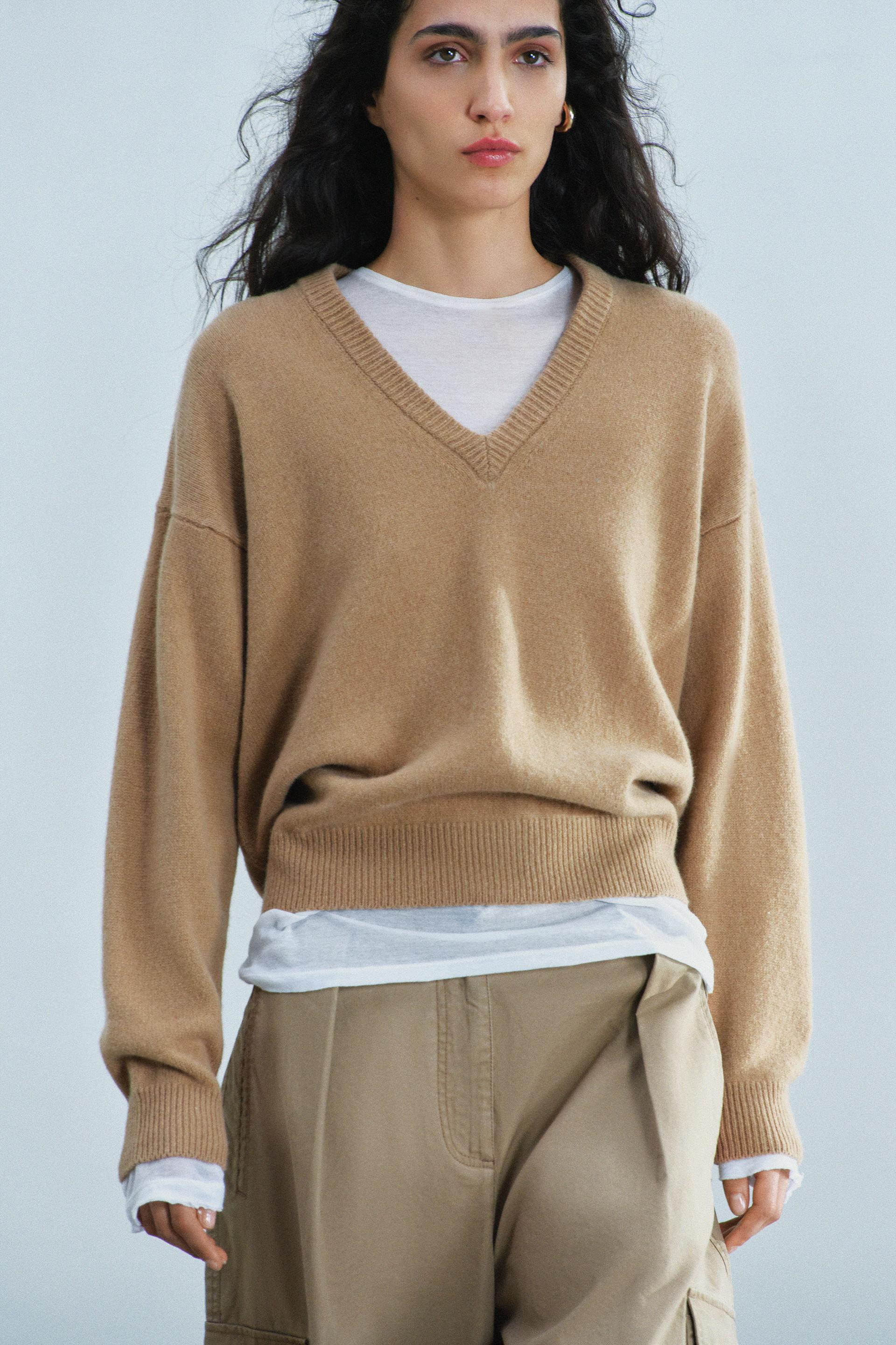 Zara - Cashmere Wool Blend Jumper V-Neck - Camel - S - Woman | Zara UK