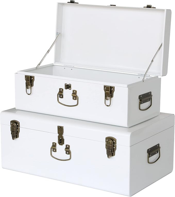 Vixdonos Decorative Metal Box Storage Trunks Set of 2 College Dorm Chest with Handle (White with ... | Amazon (US)