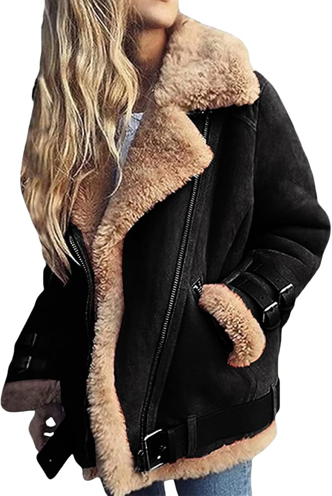 Women Sherpa Lined Coat Lapel Zip Up Winter Thicked Outwear Oversized Leather Faux Suede Fleece S... | Amazon (US)
