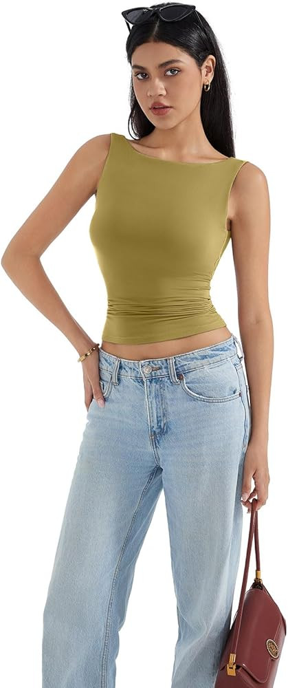 SUUKSESS Women Padded Open Back Boat Neck Tank Tops Double Lined Basic Shirts | Amazon (US)
