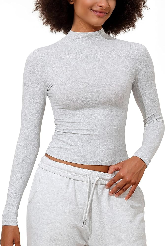 PrettyGuide Women's Cotton Long Sleeve Shirts Mock Neck Basic Tee Tight Fitted Fall Y2K Crop Top ... | Amazon (US)