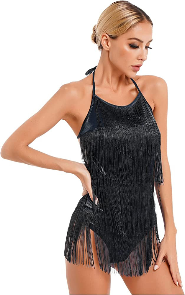 easyforever Women's Tassel Leotard Latin Dance Costume Fringed Backless Rumba Samba Ballroom Danc... | Amazon (US)