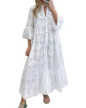 ThCreasa Womens V Neck Eyelet Embroidery Maxi Dresses Lace 3/4 Trumpet Sleeve Button Hollow Tiere... | Amazon (US)