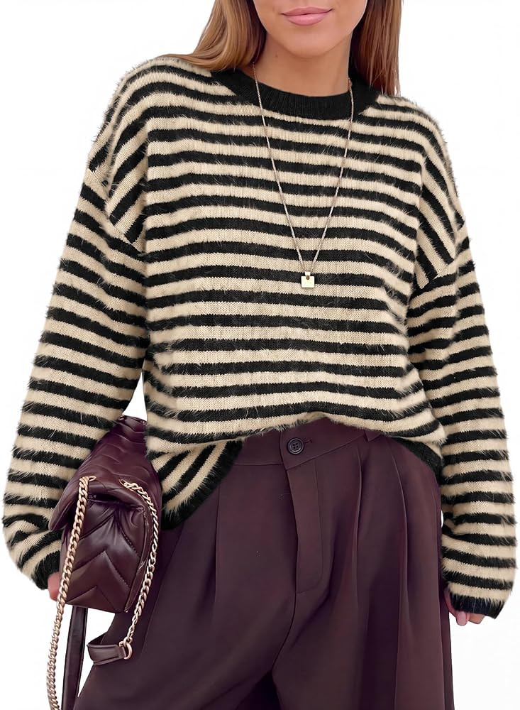 Saodimallsu Womens Fuzzy Striped Sweaters Crew Neck Knit Pullover Top | Amazon (US)
