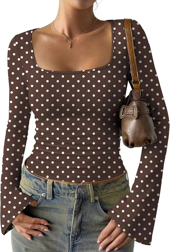 Long Sleeve Shirts for Women 2026 Summer Crop Going Out Tops Casual Square Neck Bell Sleeve Ribbe... | Amazon (US)