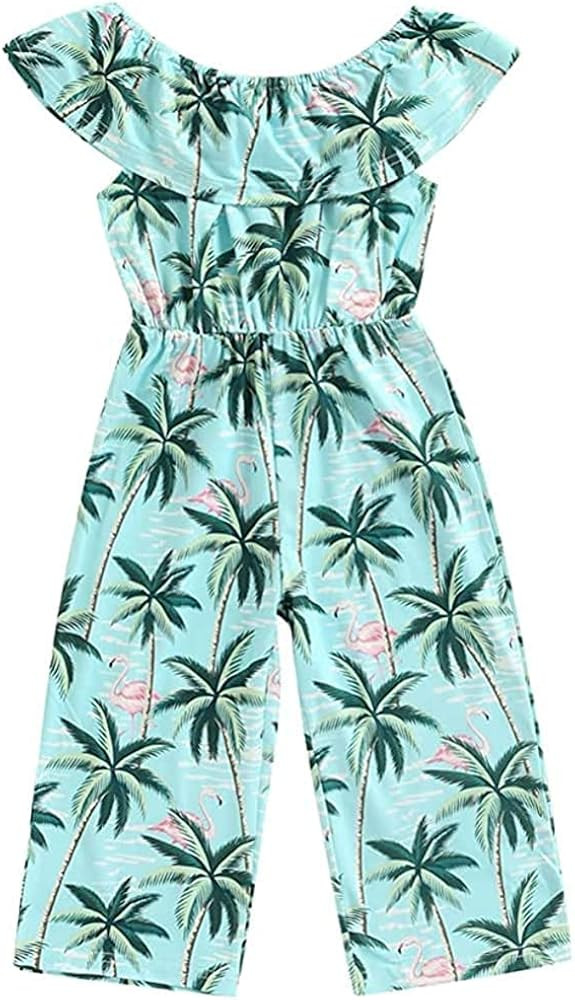 Toddler Kids Girls Palm Leaf Wide Leg Jumpsuit Ruffle Off-Shoulder Romper Overalls Hawaii Outfit ... | Amazon (US)