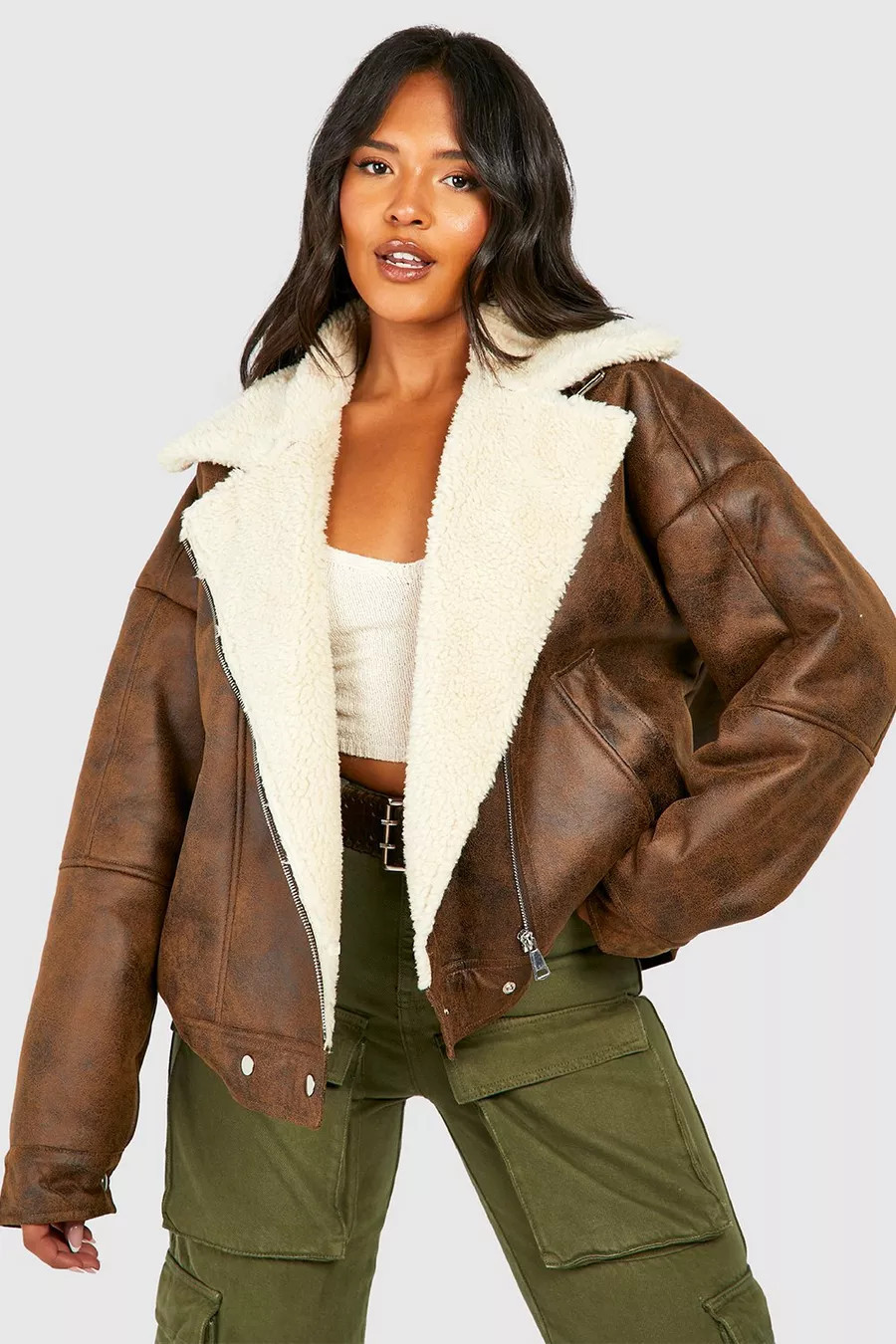 Plus Vintage Wash Faux Leather Aviator Jacket | boohoo (US & Canada)