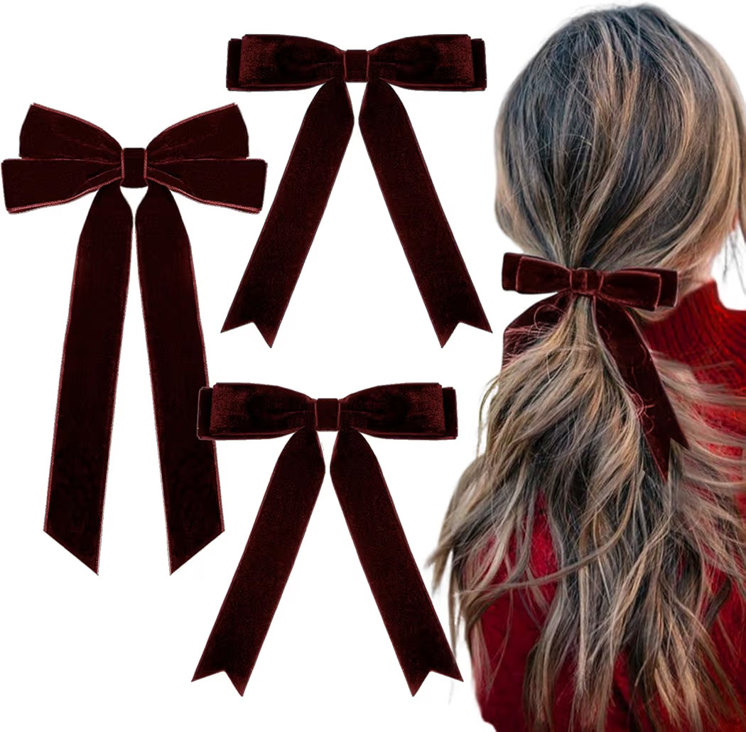 3PCS Velvet Hair Bows 2 Sizes Wine Red Soft Velvet Bow Hair Clips for Women and Girls Long Ponyta... | Amazon (US)