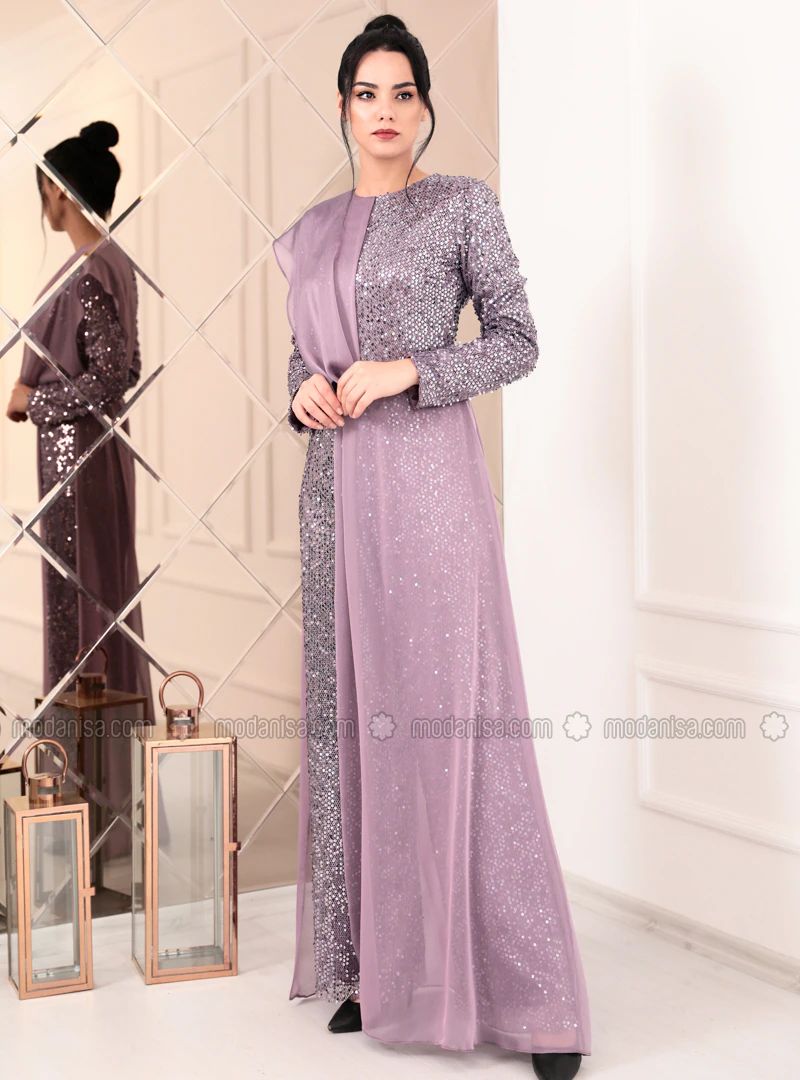 Lilac - Fully Lined - Crew neck - Chiffon - Muslim Evening Dress | Modanisa (US)